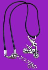 Motorbike stunt rider mini pendant silver charm hippy  rock sport cord necklace 