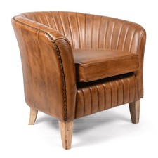 Genuine Brown Tan Leather Armchair with Ribbed Detailing – 81×81×76 cm with 47 c