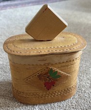 Vintage Russian Birch Wood Bark Hand Painted Food Canister Container