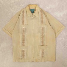 Vintage Cuban Guayabera Full Zip Shirt L Men's Light Brown Embroidered