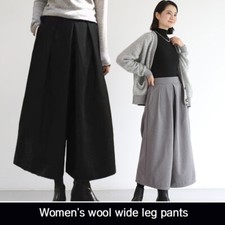 Women Loose Wide Leg Skirt Pants Wool Blend Elastic High Waist Cropped Trousers