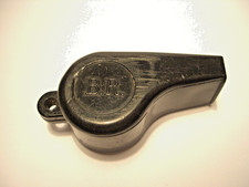 A VINTAGE , BLACK  BAKELITE / PLASTIC , ACME  EMBOSSED " BR " RAILWAY WHISTLE .