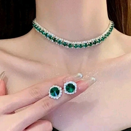 Silver emerald green crystal - green,