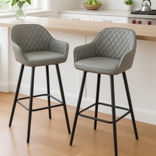 Set of 2 Bar Stools Ergonomic Armrest Breakfast Bar Seating Faux Leather Grey