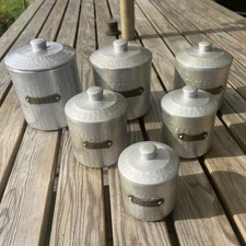 French Aluminium Nesting Storage Tins Set of 6 Canisters Brass Labels Vintage