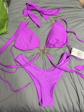 Bahimi Bikini Neon Purple Swimsuit Gold Hardware Women Medium Top & Small Bottom