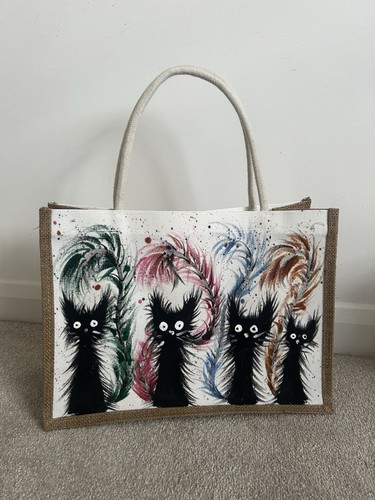 Hand painted black cat jute - hand-painted,