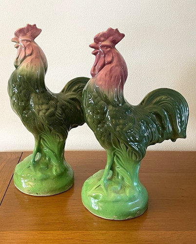 Pair glazed ceramic rooster - of,