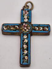 Micro Mosaic Cross Pendant Brass vintage blue and flowered detail