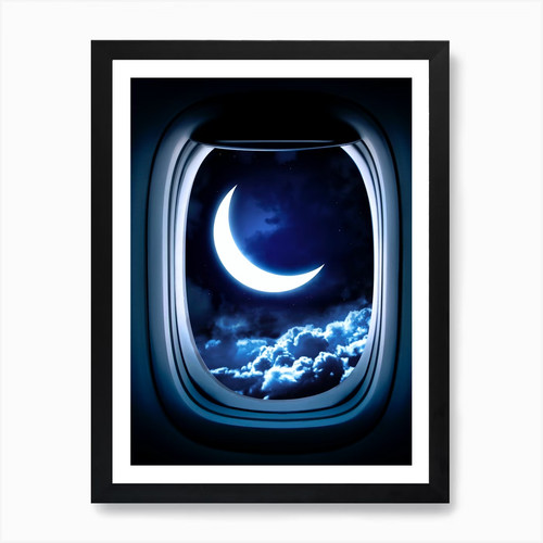 Airplane window with moon - with,