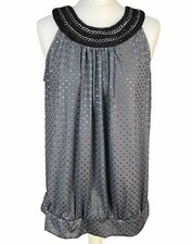 Ronit Zilkha Grey Embellished Top UK 14 Beads Chain Metallic Studs Stretch
