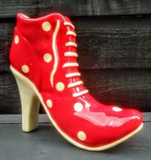 Vintage Retro GIANT Art Red White Polka Dot Laces Boot Vase Planter  26CM (H)