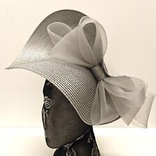 silver grey large straw fascinator millinery burlesque headband wedding hat bow