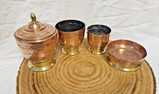 Vintage French B. H. Villedieu Small Copper & Brass Rustic Pots & Dish with Lid.