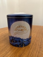 Ringtons “winterland” Snowy Night Christmas Scene Tin Blue Hinged Lid Stars