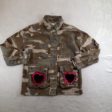Topshop Jacket Womens XS Army Embroidered Hearts Oversized Military Camo