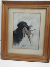 L W Fraser Original Pastel Charcoal Drawing Hunting Dog with Game Bird 13" x 11"