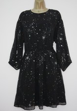 WAREHOUSE BLACK SILVER SPARKLY STAR PRINT TEA SKATER DRESS SIZE 10 XMAS PARTY