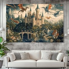Extra Large Medieval Castle Flying Dragon Tapestry Wall Hanging Bedroom Wall Art