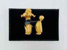 Vintage 1980s 22ct Gold Plated Poodle Dog Brooch Black Enamel Crystal Eyes BN