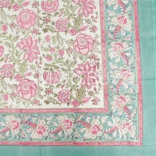 Indian Block Printed White Pink Floral Jaal Table Cloths Rectangular 100% Cotton
