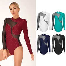 UK Womens Ballet Dance Leotard Shiny Rhinestone Mesh Longsleeve Gym Bodysuit Top