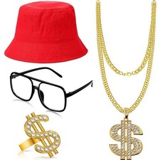 80s 90s Hip Hop Costume Kit Hat Necklace Glasses Ring Cosplay Outfit Accessories