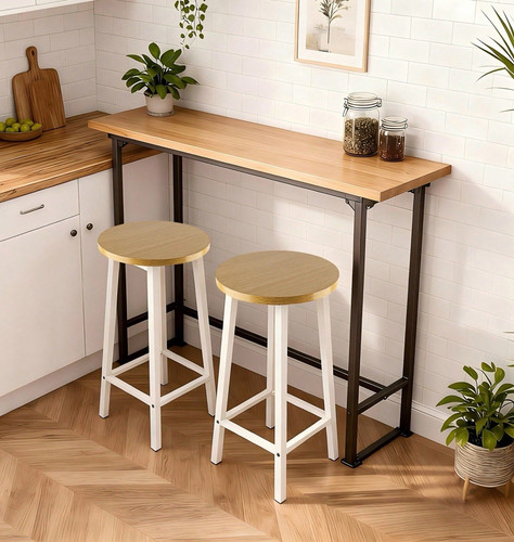 Beige solid wood bar - solid, stools