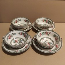 4 x Vintage Johnson Bros Indian Tree Two Handled Soup Bowls & Saucers