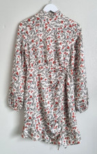 PLT Pretty Little Thing Cream Floral Ruched High Neck Dress Size 8 Womens