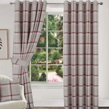 Woven Tartan Large Check Ring Top Eyelet Lined Curtains On Natural Base Colour