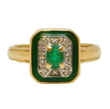 14ct Gold, Enamel, Diamond & Emerald Art Deco Style Ring Vintage 1996 London