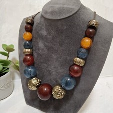Multicolour Chunky Bead Necklace on Brown Cord Lagenlook Colourful Jewellery