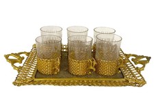 Vintage Middle Eastern Tea Glass Set with Ornate Metal Tray