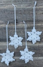 Set of 4 Fluffy Snowflakes Handmade Crochet Xmas Tree Decorations White
