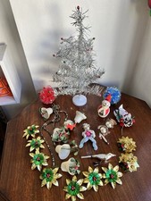 Collection Vintage Antique Christmas Mercury Glass Decorations, Bird, Mini Tree