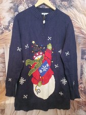 Quacker Factory Snowman Christmas Sweater M – Navy Blue Knit Holiday Pullover