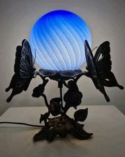 Art Nouveau Style Butterfly Metal Table Lamp Blue Glass Globe Lampshade 12"H
