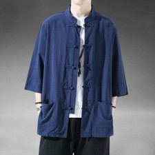 Chinese Tang Suit Men Retro Half Sleeve Shirt Kung Fu Tai Chi Jacket Hanfu Top