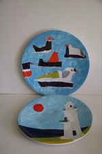 West Elm Melamine Dishes Plates Nautical Boats Lighthouse Seagulls Set of 2