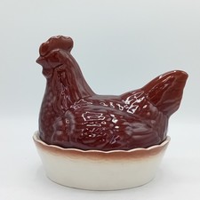 Vintage Ceramic Chicken Egg Holder Burgundy Brown Cream White Basket FLT-FPL