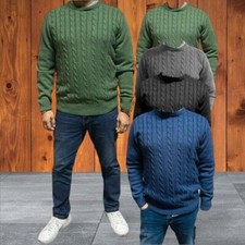 Mens Plain Classic Cable Chunky Crew Neck Heavy Knitwear Pullover Jumper Sweater