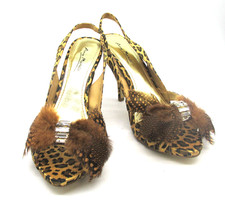 ANNE MICHELLE Size 6 Leopard Print Satin Feather & Rhinestone Trim Sandals