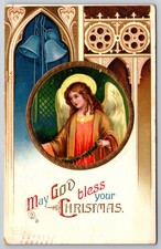 Ellen H Clapsaddle~God Bless Your Christmas~Angel In Gold Circle~Church Bells