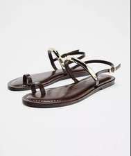 Zara Brown Flat Sandals With Metal Applique Strap With Metal Detail UK 6 Eur 39