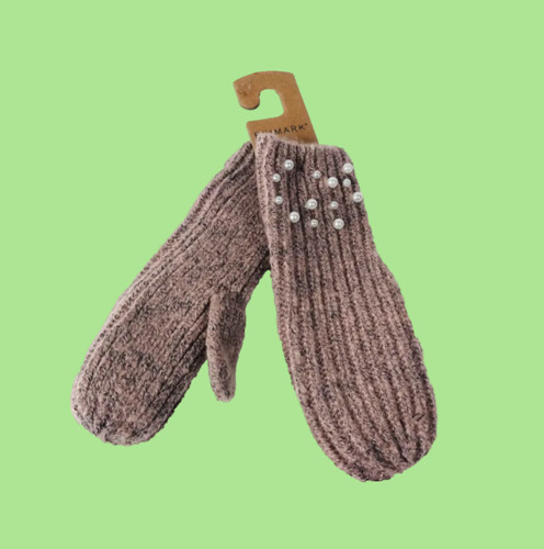 Pink grey knitted mittens - pink,