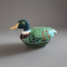 Vintage French Michel Caugant Green Duck Terrine Pate Dish Hand Painted