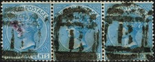 SG 129 CEYLON 1872 – 36c BLUE STRIP OF THREE – USED