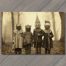 POSTCARD Weird Creepy Vintage Vibe Kids Masks Halloween Cult Unusual Family