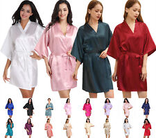 UK Plain Satin Silk Robe Wedding Bridesmaid Kimono Dressing Gown Sleepwear S-3XL